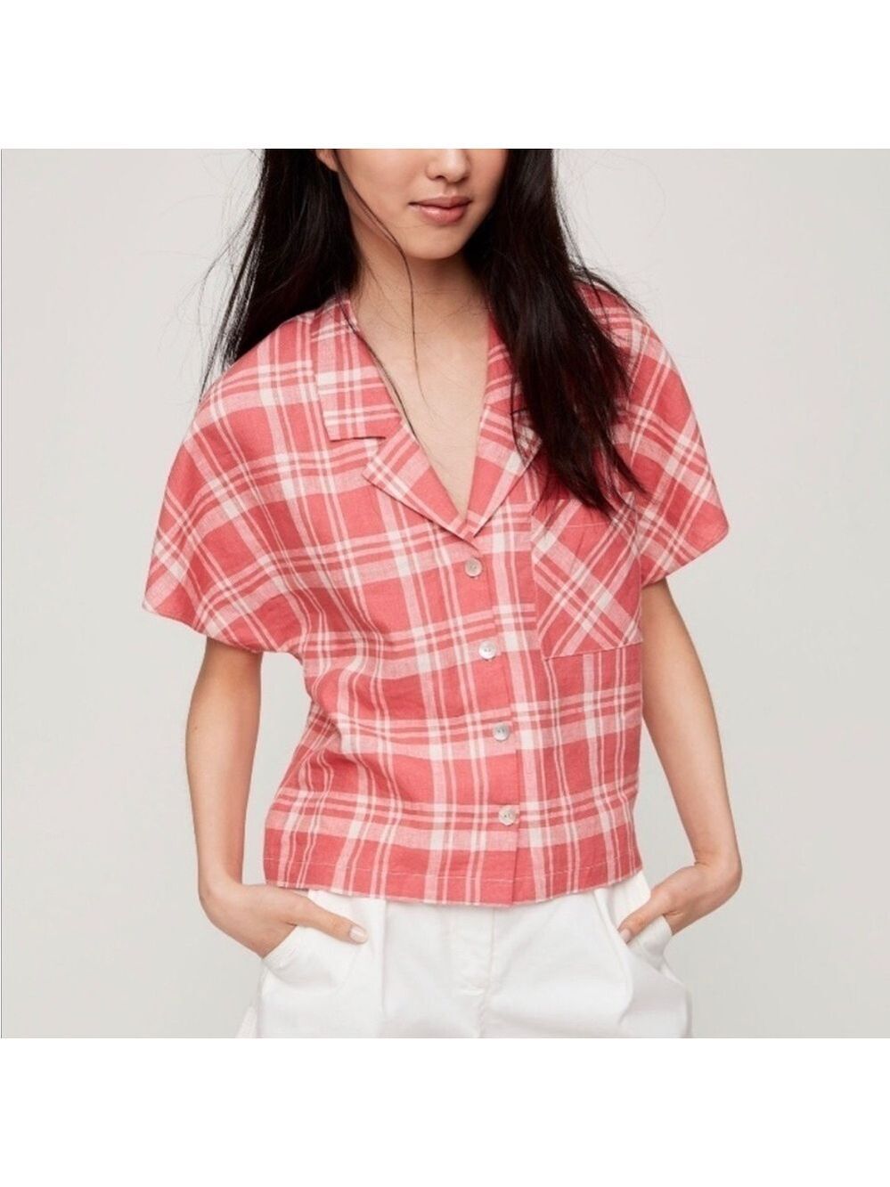 Aritzia Wilfred Free Shawna Linen Blouse Plaid Button Up Shirt Shirt Size Small